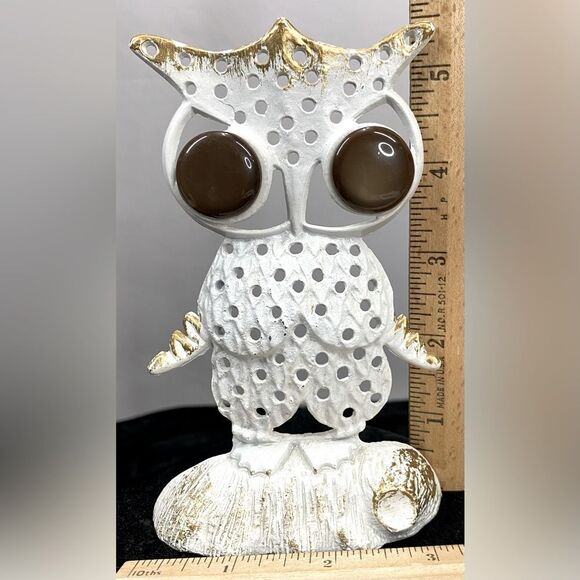 Retro 60s 70s Metal White Owl Earring Jewelry Holder Brown Moon Glow Lucite Eyes - Picture 7 of 7